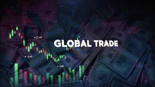 Global Trade Words On Economic Background With Decrease Bar Chart Graph And Arrow