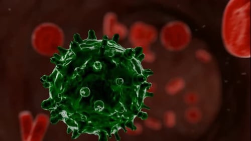 Green virus cell surrounded by red blood cells in dark background
