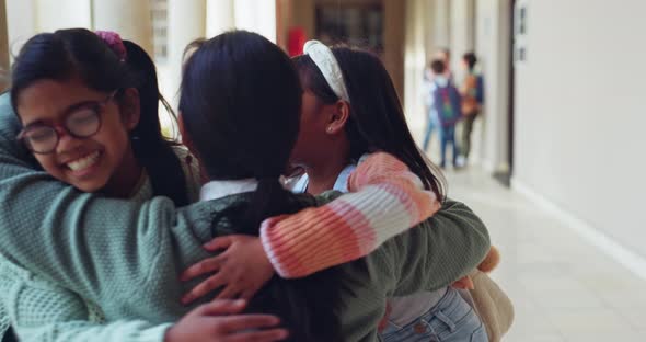 Hug, smile and mother with girls, school and education with fun ...