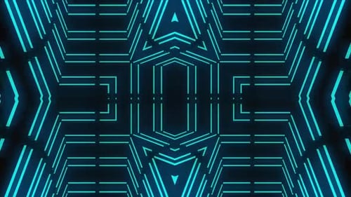 Dynamic neon tunnel with futuristic geometric patterns moves forward