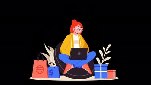 Animated Online Shopping Character with Laptop and Gifts