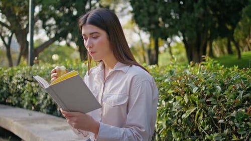 Intelligent Woman Enjoy Book Sitting Green Park Closeup Lady Reading Novel