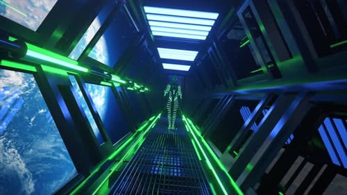 Space Concept An Alien in a Neon Shiny Suit is Walking Through the Tunnel in a Spaceship View on the