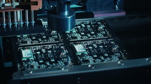 Macro Close-up Shot of Printed Circuit Board on a Factory Assembly Line with Automated Robotic Arm