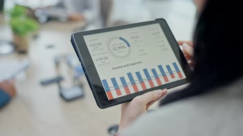 Business woman, hands and tablet for statistics, graph or chart data in finance analysis