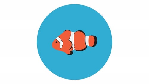 Animated Clownfish Icon Swimming in Blue Circle Flat Design