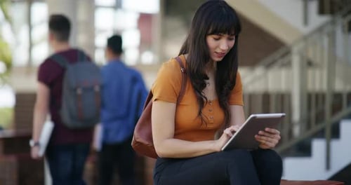 Woman, student smile and tablet on campus, university or college for e learning research