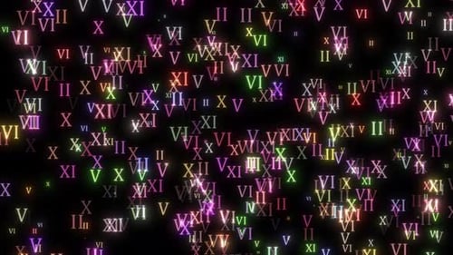 roman number falling down on black background. roman number 1 to 10 flying on dark black background.