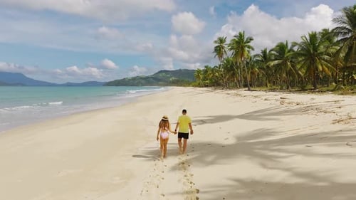 Couple Holding Hands Walking on Tropical Beach