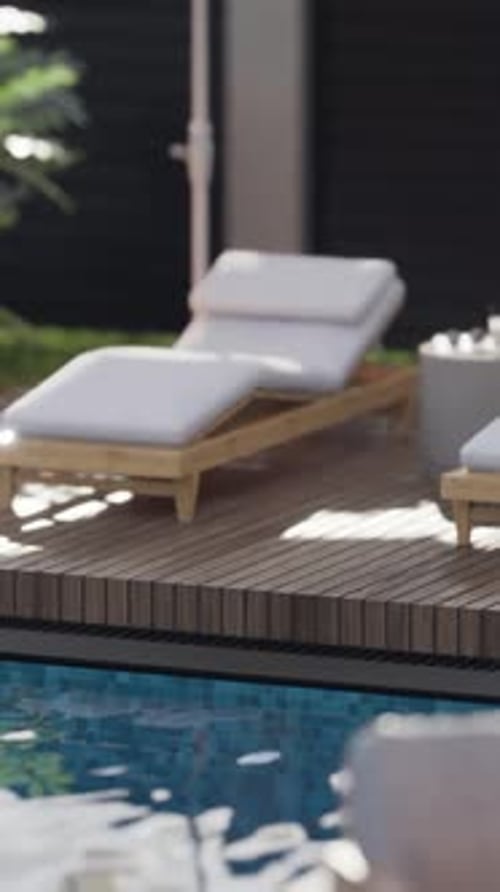 Exterior design details, close-up shot, two sun loungers by the pool.