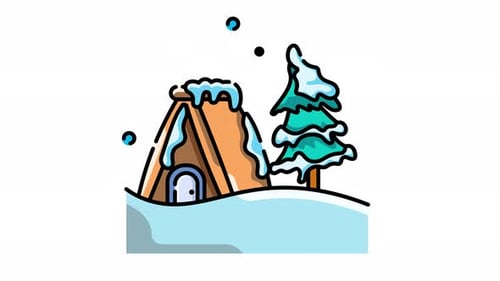 Animated Winter Cabin and Pine Tree with Falling Snow Loop