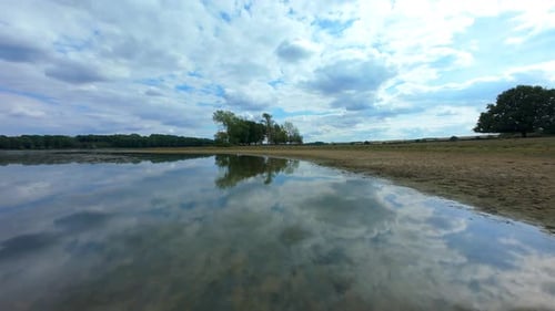 Cinematic FPV drone view gliding over tranquil water and wetland habitat with birds and