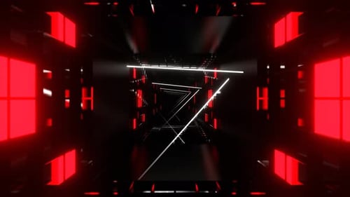 Red And White Tunnel With Glowing Neon Lines And Squares Background Vj Loop In 4K