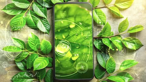 Smartphone Showing Green Leaf and Futuristic Environmental Technology