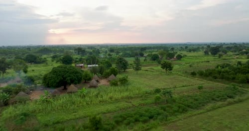 Aerial view of lush countryside with fields and trees, Uganda.