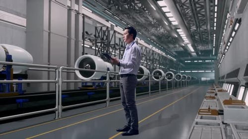 Asia Male Works On His Tablet, Aircraft Engine Factory