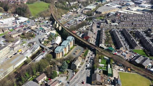 Aerial drone footage of the town of Huddersfield, a market town in the Kirklees district in the UK