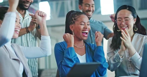 Success, applause or business people on laptop video call for company growth