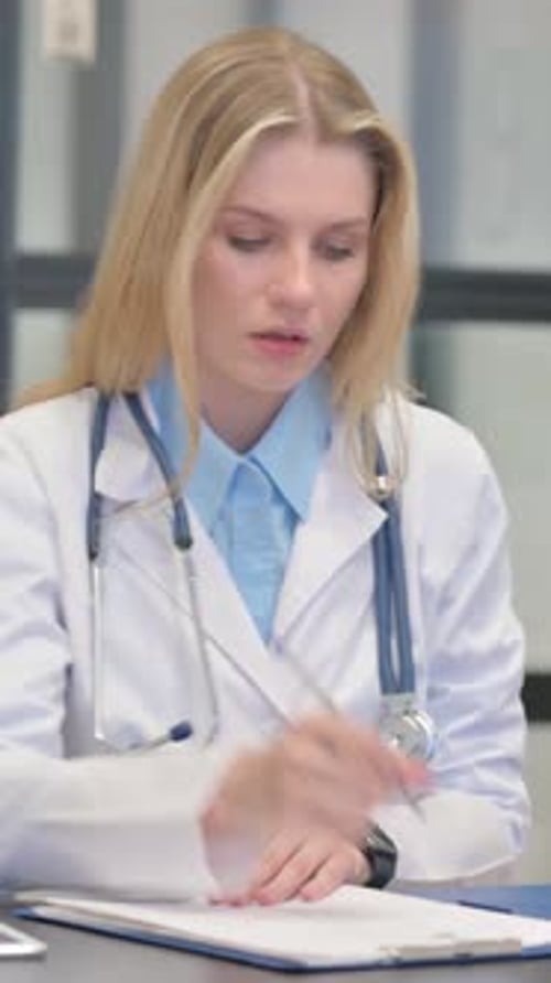 Young Female Doctor Writing a Treatment and Medical Report in Hospital, Vertical Video