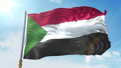 Sudan National Flag Waving in Realistic Blue Sky