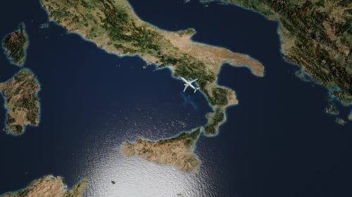 Flight route visualization to a destination in Italy.
