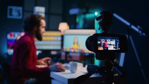 Close Up on Camera Recording Photographer Teaching Audience Photography Tips