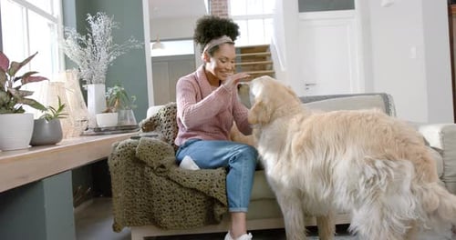 Woman Pets Golden Retriever in Living Room
