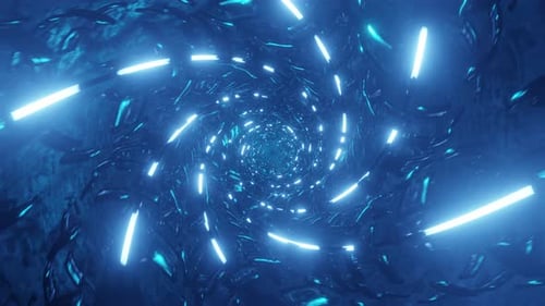 Camera movement in a tunnel with swirling lights. Flashing to the beat of the music lights in the tu