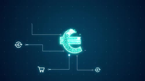 Logo bleu de la monnaie numérique avec connexion par ligne et technologie de transfert de données, arrière-plan abstrait