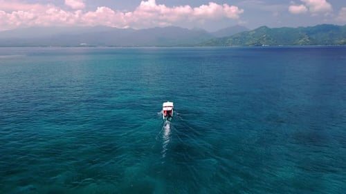 Aerial View on Ocean Boat Floats on Blue Water at Sea Landscape of Summer Coast