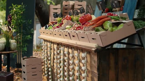 Locally Grown Farming Products at Empty Farmers Market Stand
