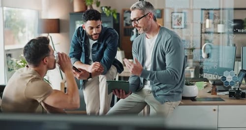 Men, talking and high five with tablet in office for software development