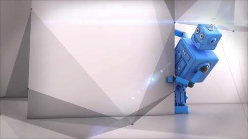 Animated Blue 3D Robot Mascot Walks and Reveals Content