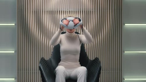 Woman Using VR Headset in Futuristic Home