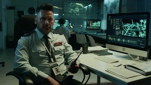 Portrait of Male Military Intelligence Officer by Computer in Command Center