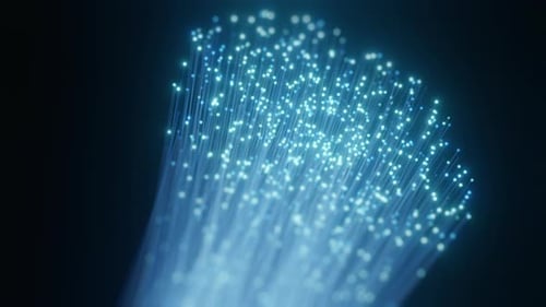 Blue Glowing Fiber Optic Cable Data Connection