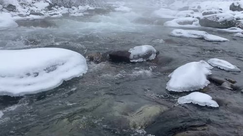Mountain River Stream in Winter and Snow View on the River and Forest at the Winter Time Natural