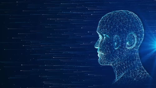 Future AI Tech Machine Learning Gesicht Datenfluss auf blauem Hintergrund Cyber Mind Human Fast