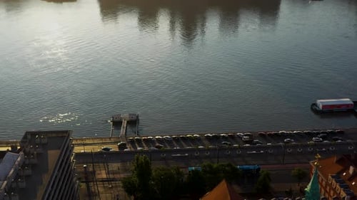 Cinematic revealing drone shot of the Hungarian Parliament Building and Crown Jewels in Budapest Hun