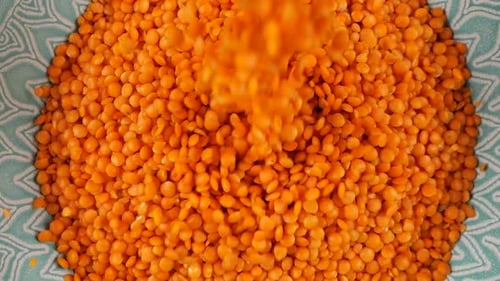 Lentil seeds are poured into a blue ceramic bowl. Top view. Slow motion.