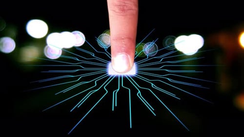 Futuristic Finger Touch Activates Glowing Digital Circuit Board
