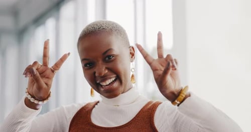 Business, fun and female worker with hand gesture for vision, goals and motivation