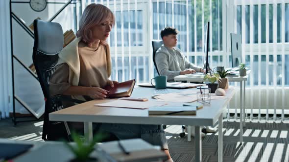 Busy Woman Writing Copybook Working Project Task at Corporate Workplace ...