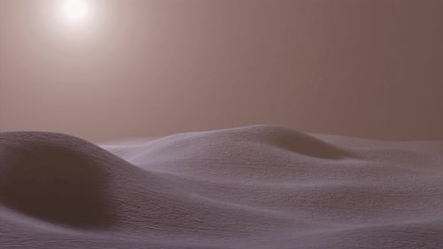 Luftbild abstrakter massiver Sanddünen, die bei Sonnenaufgang von dicken Nebelwolken bedeckt sind