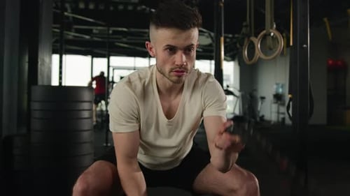 Muscular Strong Athlete Sportsman Caucasian Man Workout in Fitness Gym Intense Functional Exercise