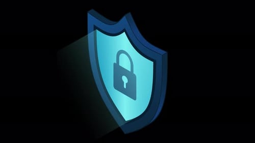 Animação VPN segura. Proteção VPN com um escudo. Fechadura de escudo em estilo azul futurista