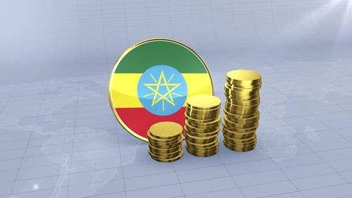 Ethiopia Flag With Plain Gold Coins Tower