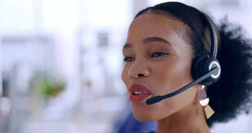 Contact us, black woman or consultant in call center talking, speaking or networking online in tech