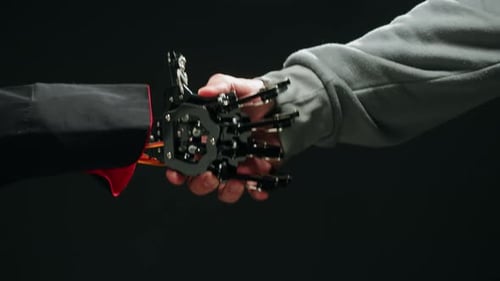 Human and Robot Handshake Artificial Intelligence AI Design Creation Hands Man with Mechanical Arm