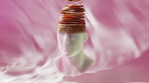 Animación digital que representa un busto humano que se desintegra gradualmente, gira y se desmorona en rosa